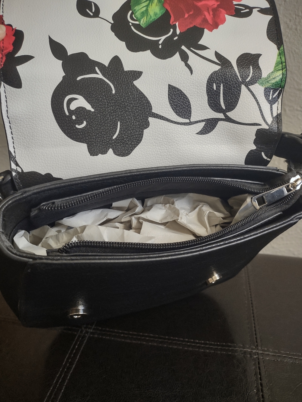 K. Carroll Accessories Floral Rose Crossbody Handbag - Black White & Red - Picture 10 of 16